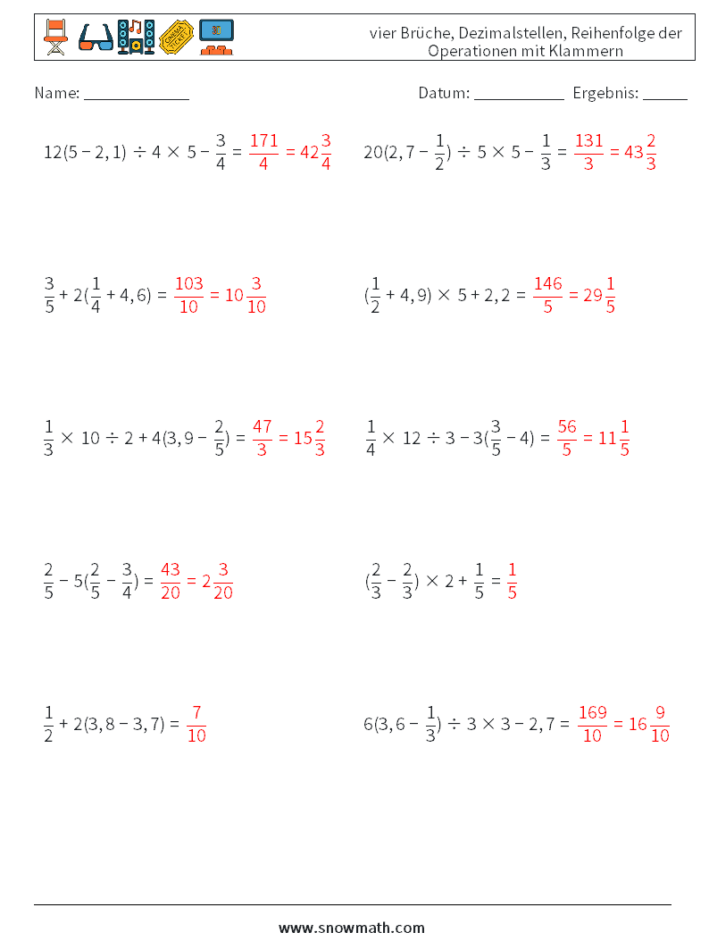 (10) vier Brüche, Dezimalstellen, Reihenfolge der Operationen mit Klammern Mathe-Arbeitsblätter 15 Frage, Antwort