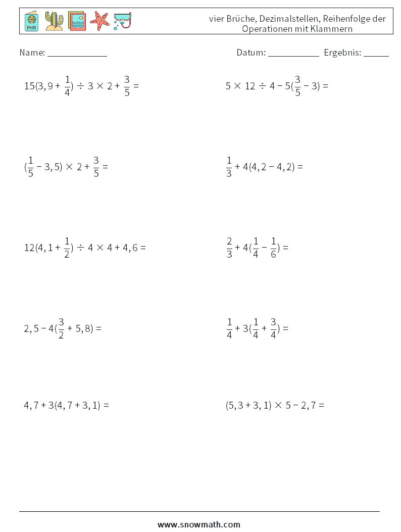 (10) vier Brüche, Dezimalstellen, Reihenfolge der Operationen mit Klammern Mathe-Arbeitsblätter 17