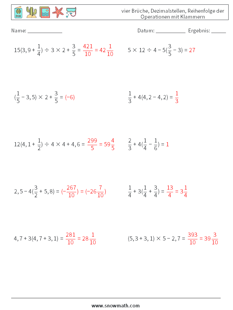 (10) vier Brüche, Dezimalstellen, Reihenfolge der Operationen mit Klammern Mathe-Arbeitsblätter 17 Frage, Antwort