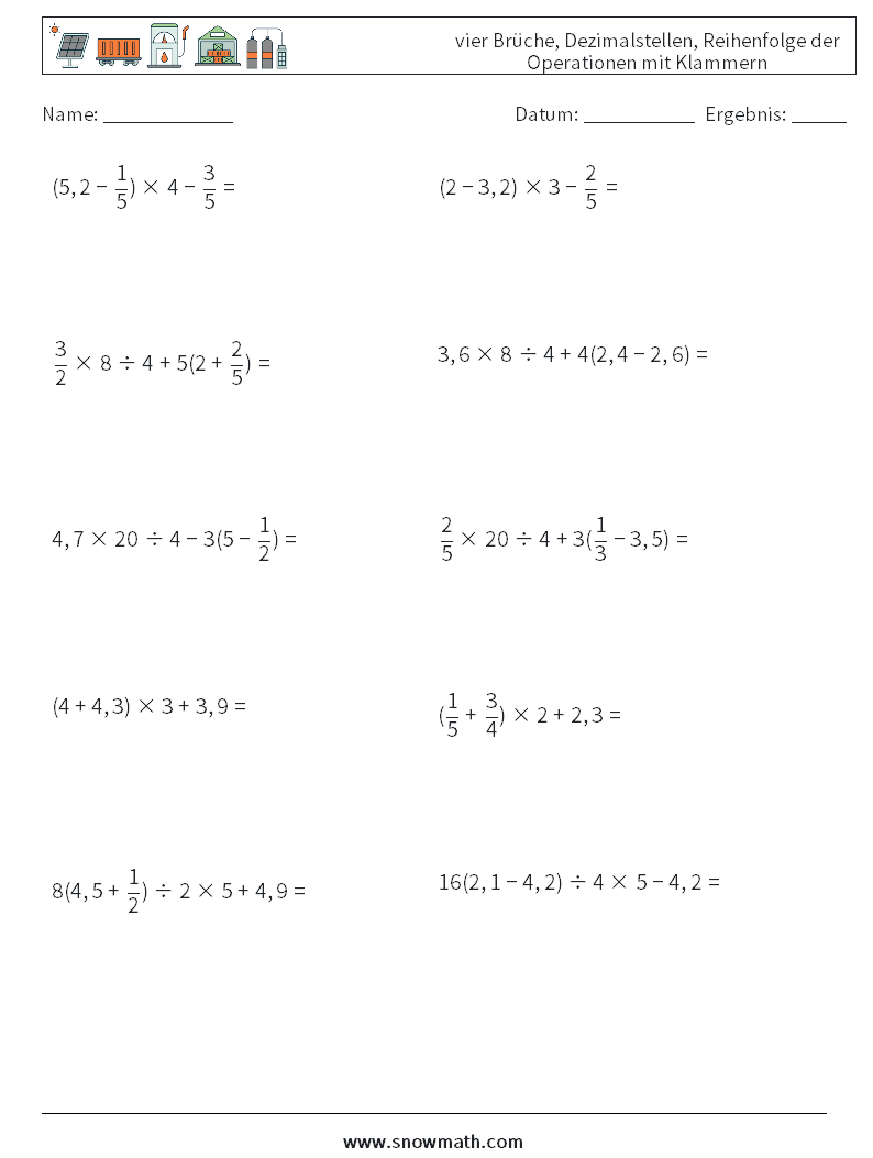(10) vier Brüche, Dezimalstellen, Reihenfolge der Operationen mit Klammern Mathe-Arbeitsblätter 2