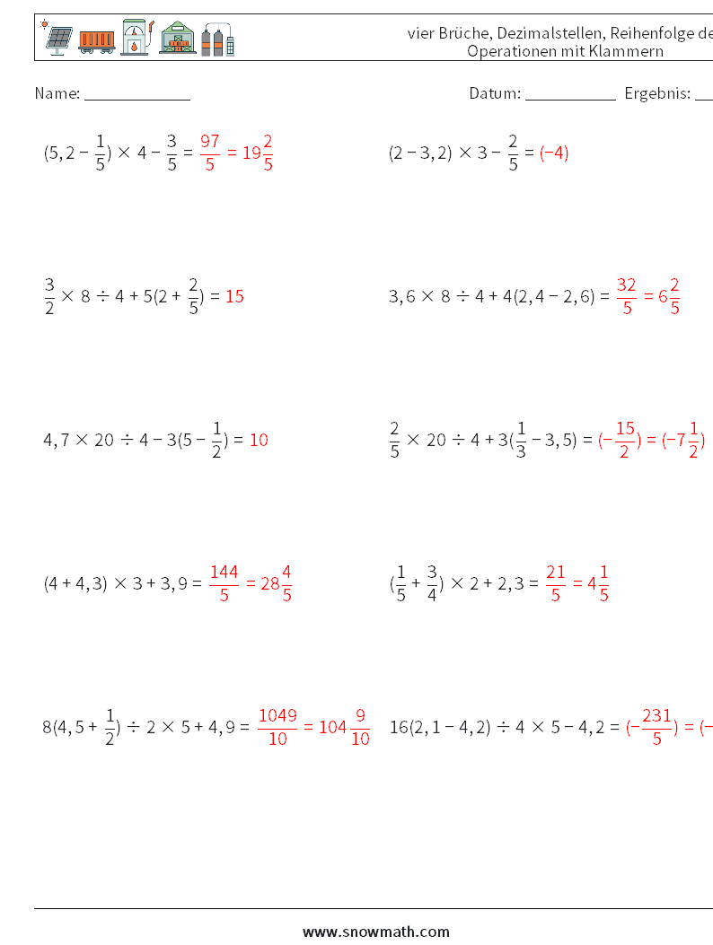(10) vier Brüche, Dezimalstellen, Reihenfolge der Operationen mit Klammern Mathe-Arbeitsblätter 2 Frage, Antwort