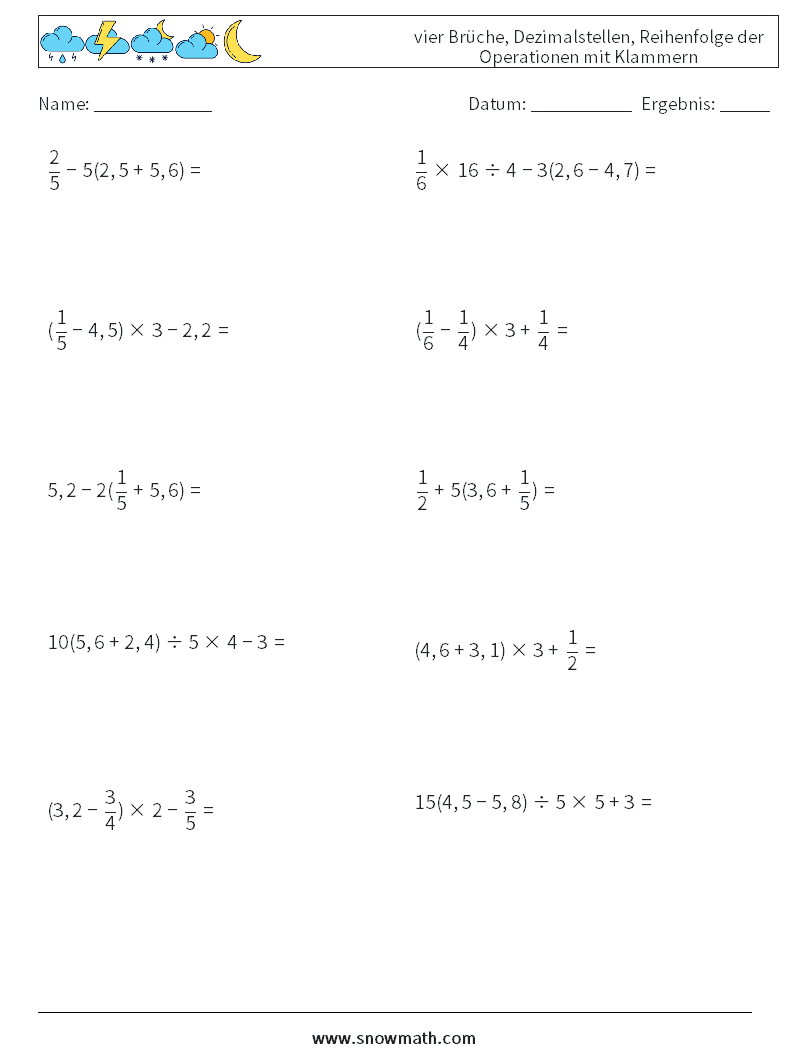 (10) vier Brüche, Dezimalstellen, Reihenfolge der Operationen mit Klammern Mathe-Arbeitsblätter 3