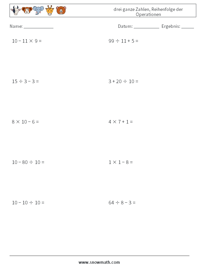 (10) drei ganze Zahlen, Reihenfolge der Operationen Mathe-Arbeitsblätter 11