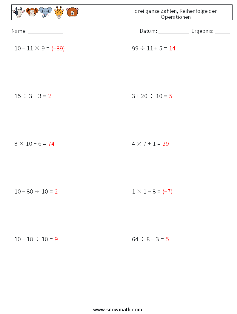 (10) drei ganze Zahlen, Reihenfolge der Operationen Mathe-Arbeitsblätter 11 Frage, Antwort