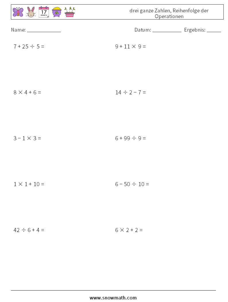 (10) drei ganze Zahlen, Reihenfolge der Operationen Mathe-Arbeitsblätter 12