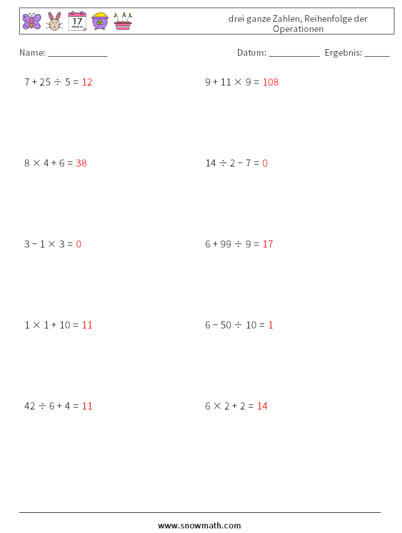 (10) drei ganze Zahlen, Reihenfolge der Operationen Mathe-Arbeitsblätter 12 Frage, Antwort