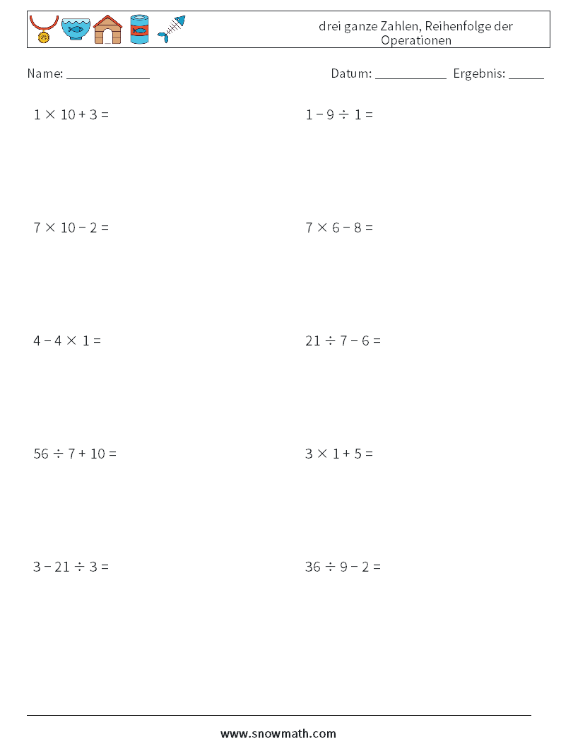 (10) drei ganze Zahlen, Reihenfolge der Operationen Mathe-Arbeitsblätter 13