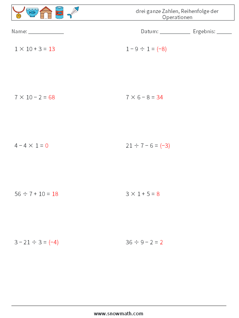(10) drei ganze Zahlen, Reihenfolge der Operationen Mathe-Arbeitsblätter 13 Frage, Antwort