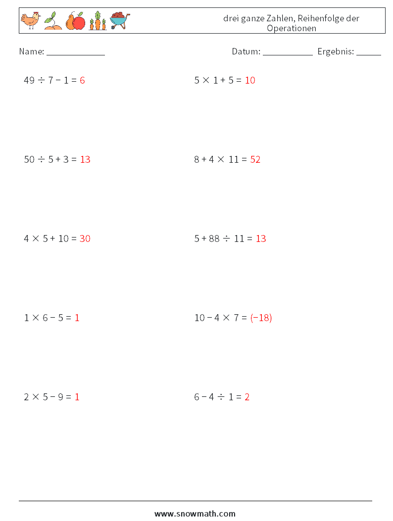 (10) drei ganze Zahlen, Reihenfolge der Operationen Mathe-Arbeitsblätter 14 Frage, Antwort