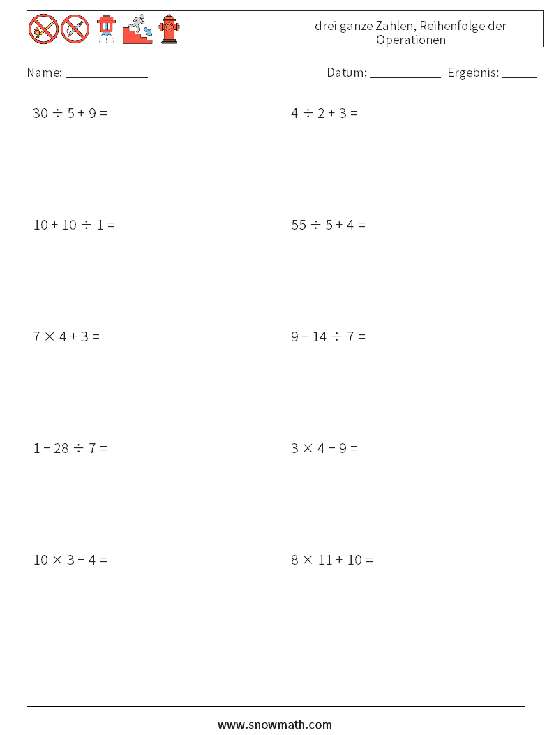 (10) drei ganze Zahlen, Reihenfolge der Operationen Mathe-Arbeitsblätter 15