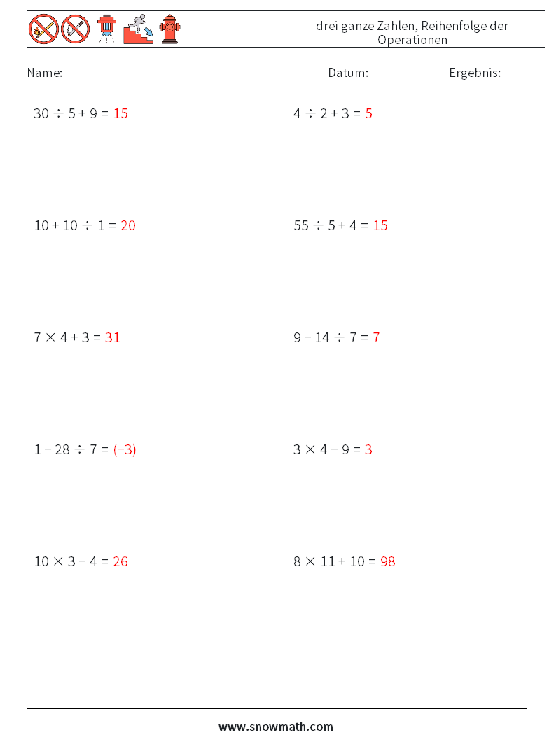 (10) drei ganze Zahlen, Reihenfolge der Operationen Mathe-Arbeitsblätter 15 Frage, Antwort