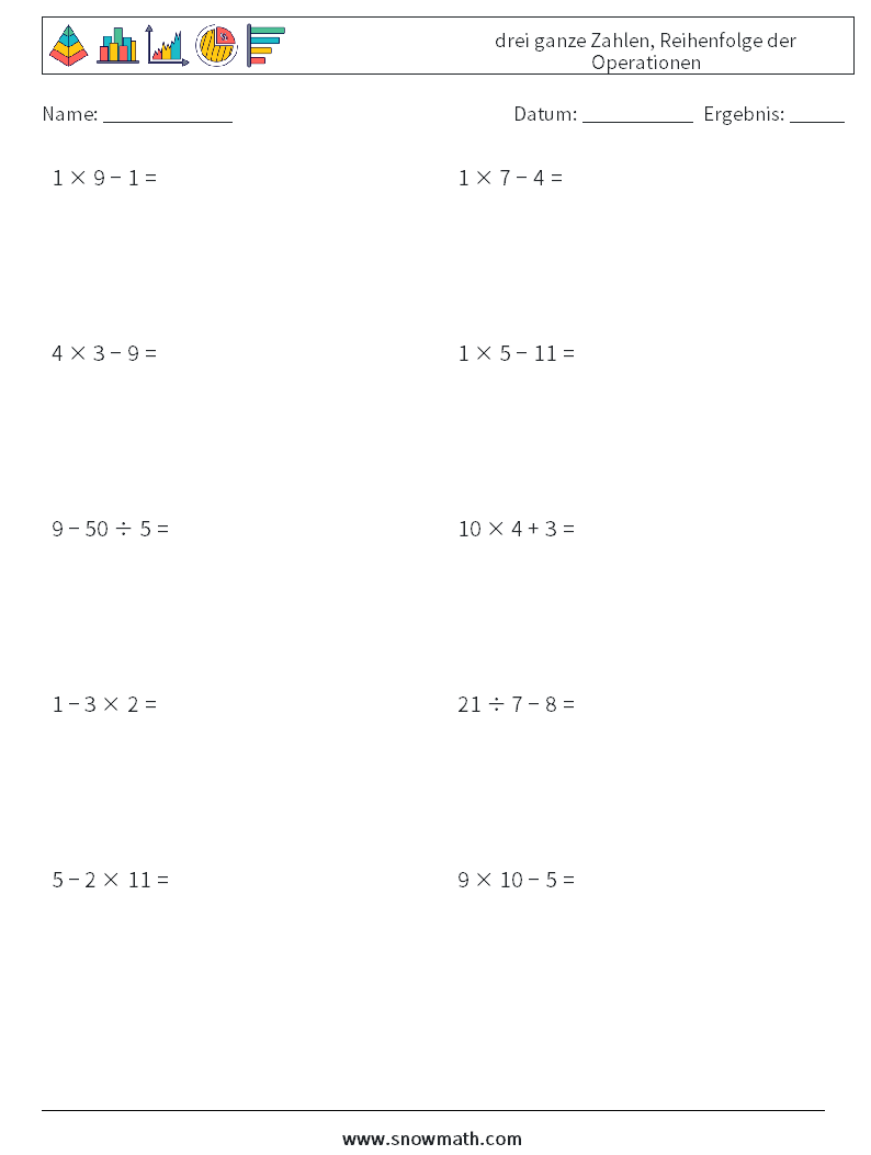 (10) drei ganze Zahlen, Reihenfolge der Operationen Mathe-Arbeitsblätter 16