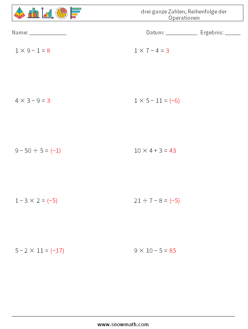 (10) drei ganze Zahlen, Reihenfolge der Operationen Mathe-Arbeitsblätter 16 Frage, Antwort