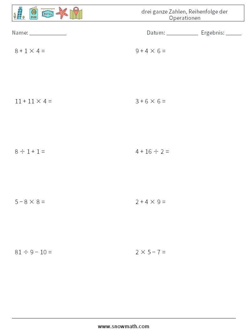 (10) drei ganze Zahlen, Reihenfolge der Operationen Mathe-Arbeitsblätter 17