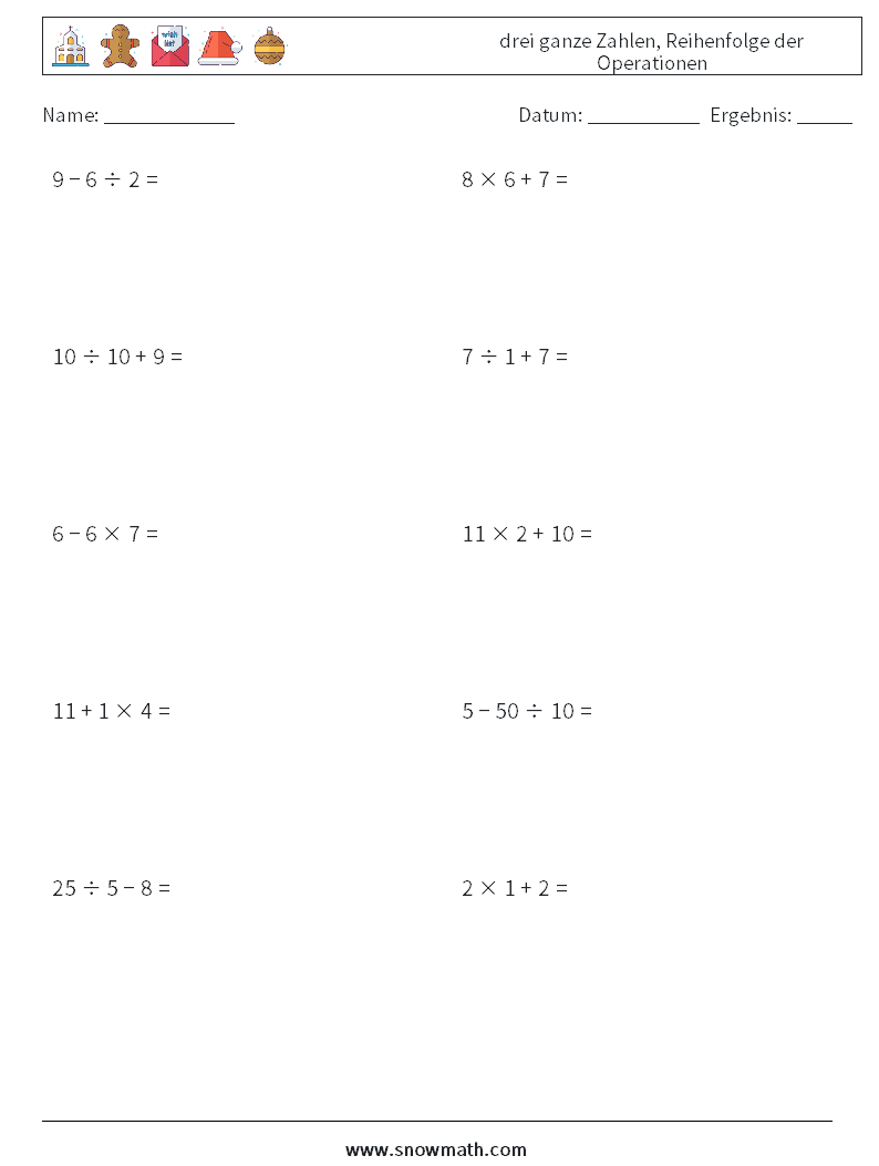 (10) drei ganze Zahlen, Reihenfolge der Operationen Mathe-Arbeitsblätter 18