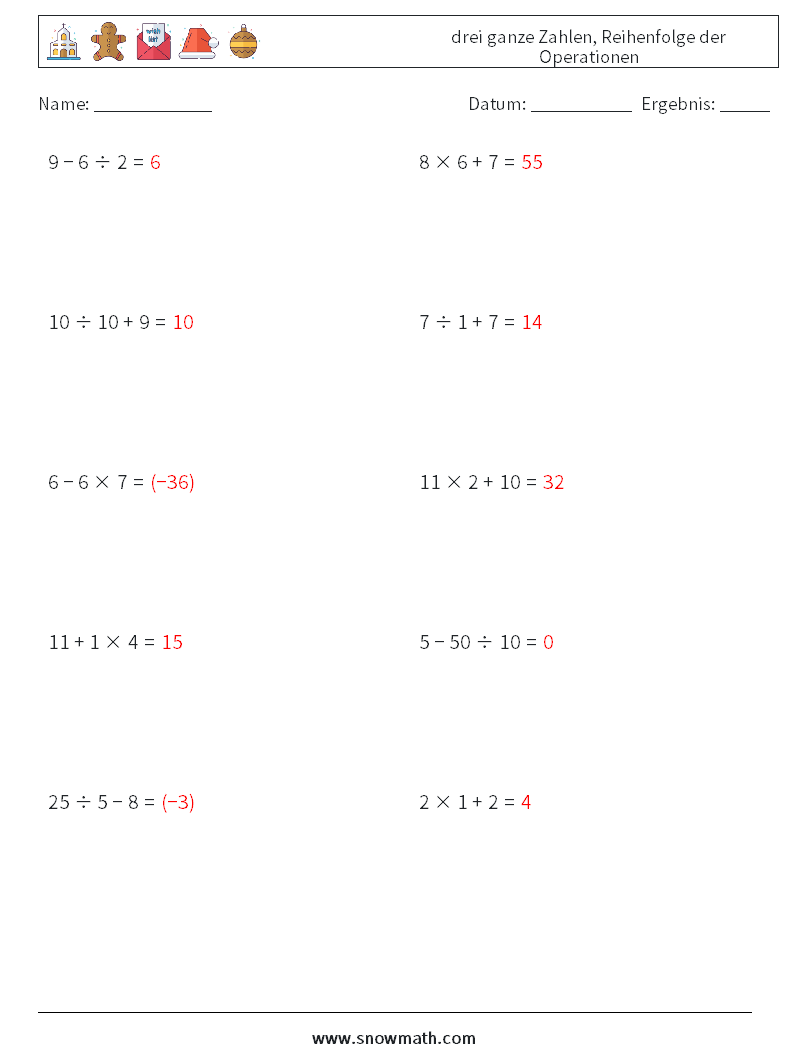 (10) drei ganze Zahlen, Reihenfolge der Operationen Mathe-Arbeitsblätter 18 Frage, Antwort