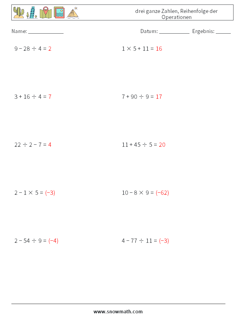 (10) drei ganze Zahlen, Reihenfolge der Operationen Mathe-Arbeitsblätter 1 Frage, Antwort