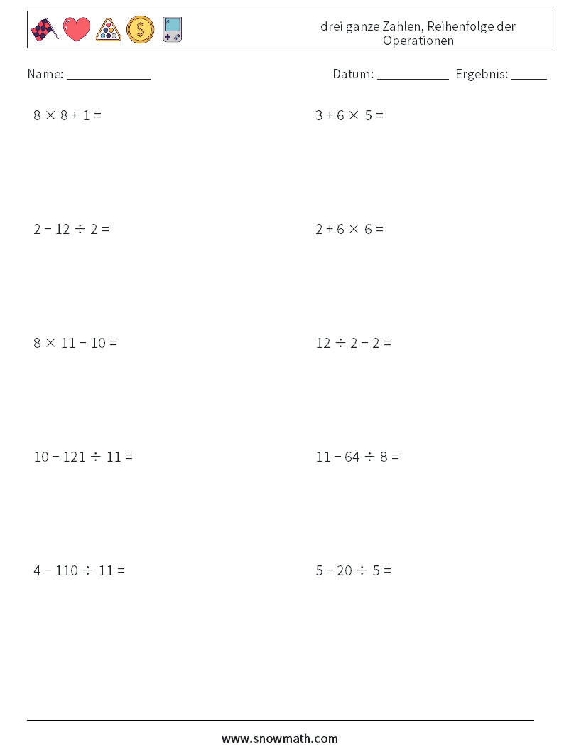 (10) drei ganze Zahlen, Reihenfolge der Operationen Mathe-Arbeitsblätter 2
