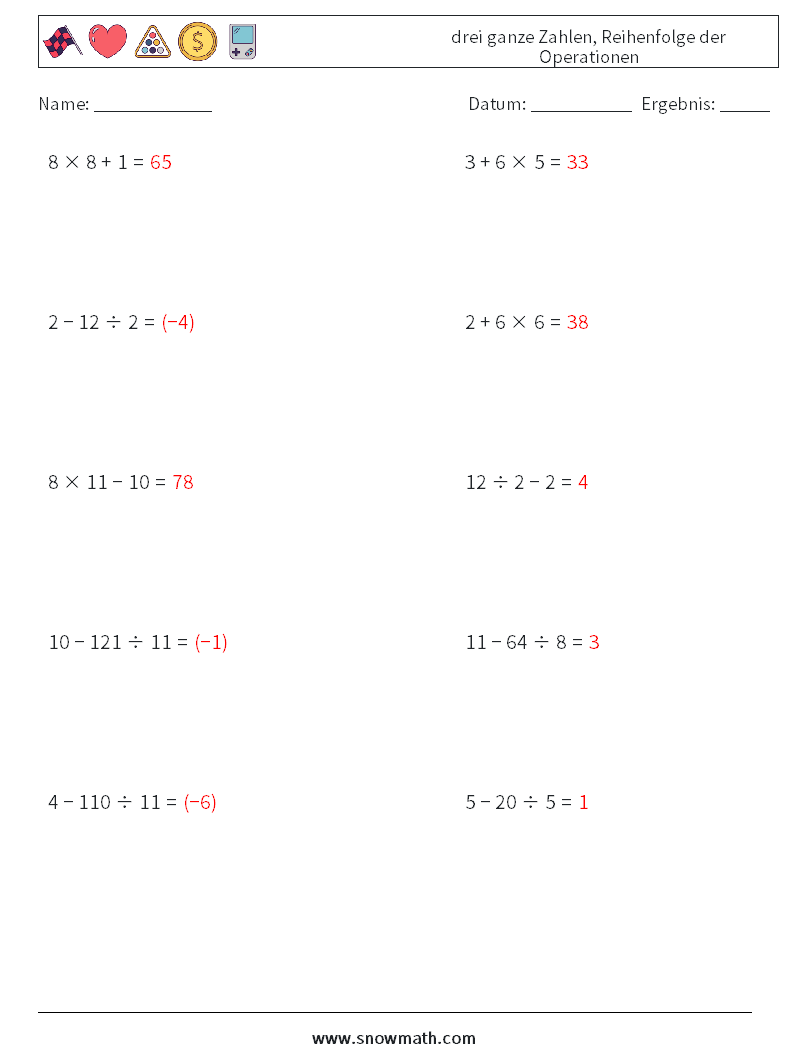 (10) drei ganze Zahlen, Reihenfolge der Operationen Mathe-Arbeitsblätter 2 Frage, Antwort