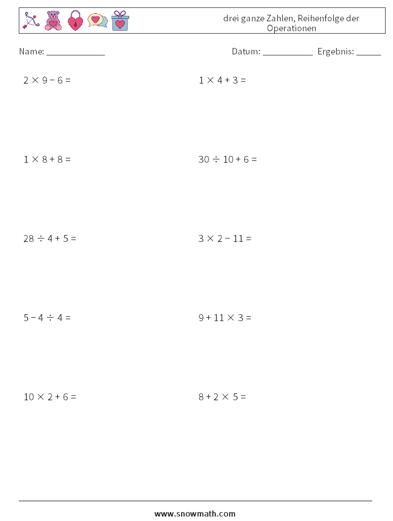 (10) drei ganze Zahlen, Reihenfolge der Operationen Mathe-Arbeitsblätter 3