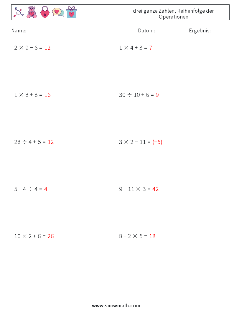 (10) drei ganze Zahlen, Reihenfolge der Operationen Mathe-Arbeitsblätter 3 Frage, Antwort