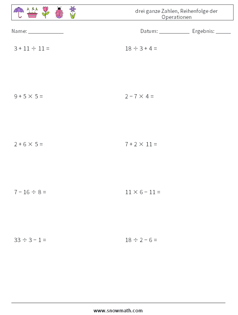(10) drei ganze Zahlen, Reihenfolge der Operationen Mathe-Arbeitsblätter 4