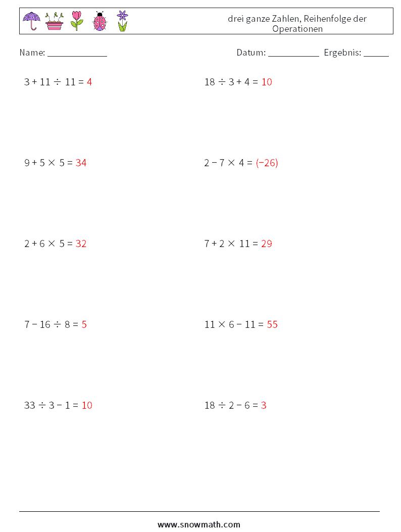 (10) drei ganze Zahlen, Reihenfolge der Operationen Mathe-Arbeitsblätter 4 Frage, Antwort