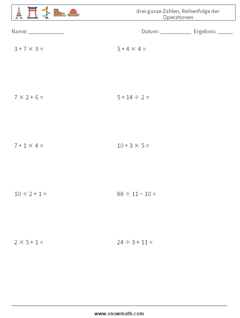 (10) drei ganze Zahlen, Reihenfolge der Operationen Mathe-Arbeitsblätter 5