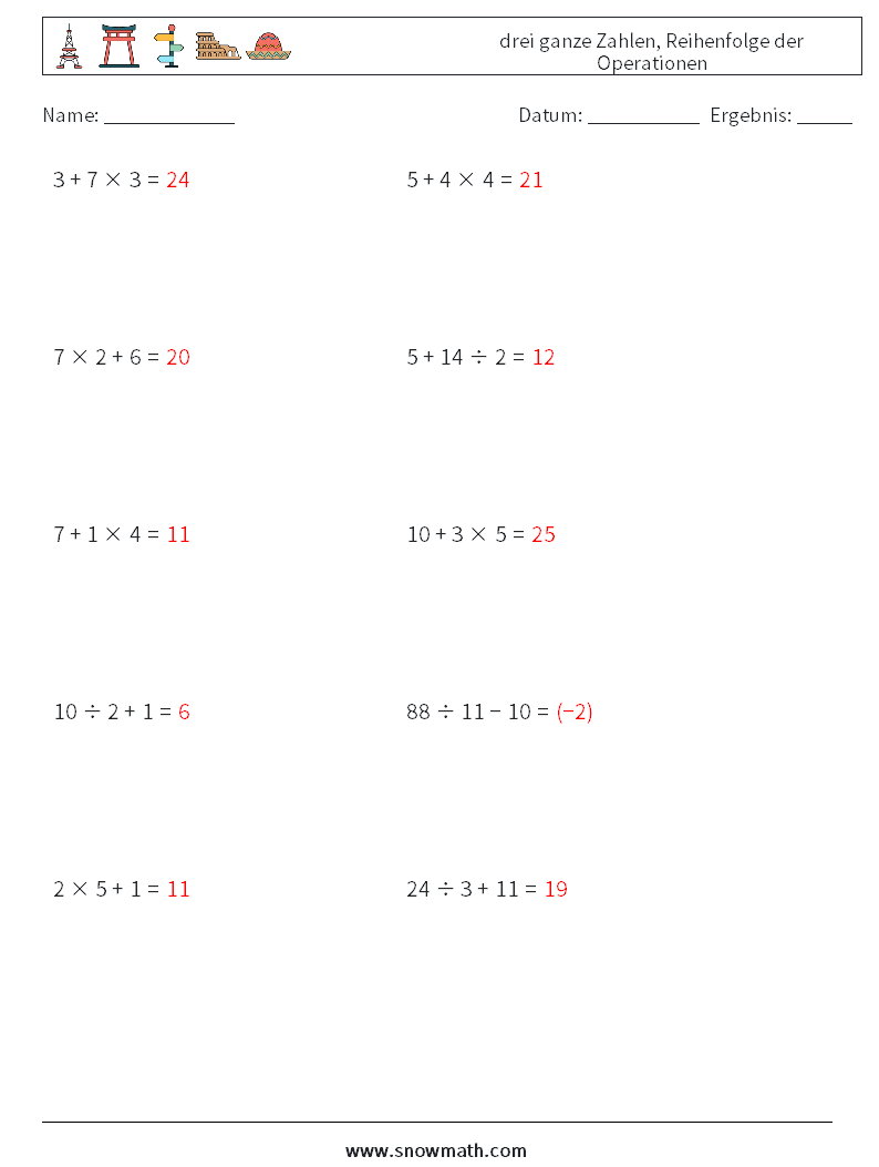(10) drei ganze Zahlen, Reihenfolge der Operationen Mathe-Arbeitsblätter 5 Frage, Antwort