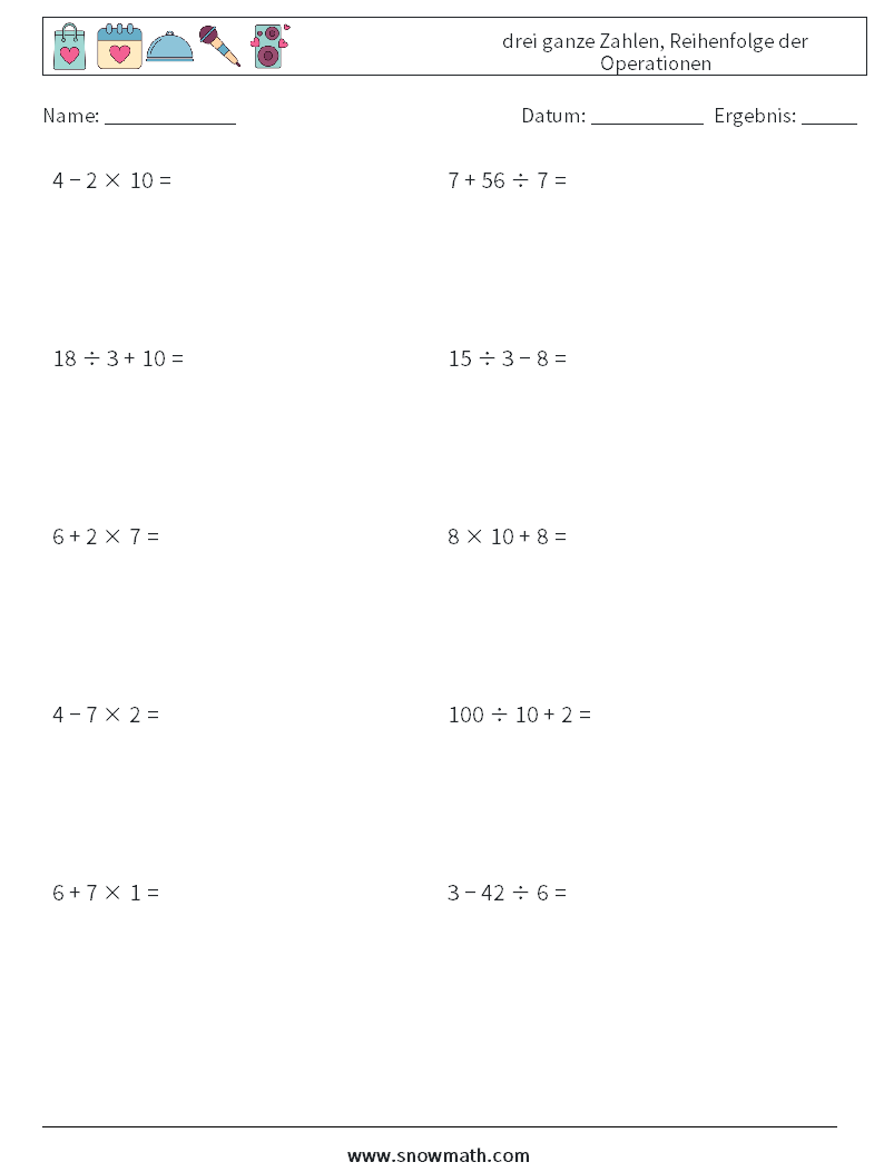 (10) drei ganze Zahlen, Reihenfolge der Operationen Mathe-Arbeitsblätter 6