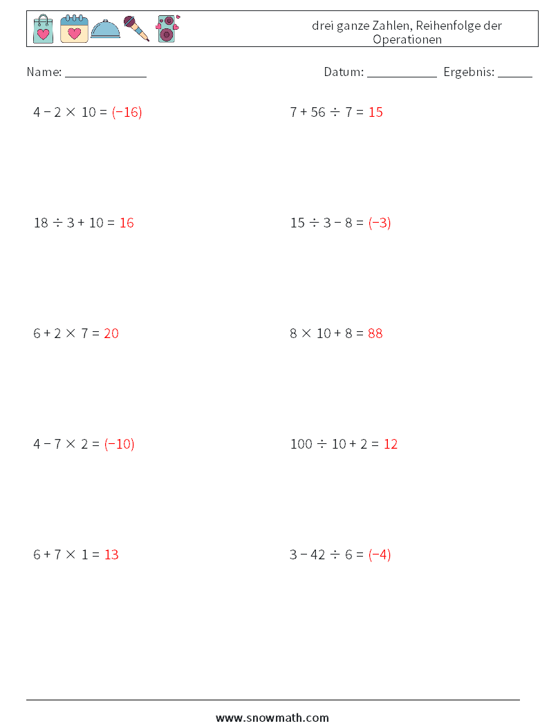 (10) drei ganze Zahlen, Reihenfolge der Operationen Mathe-Arbeitsblätter 6 Frage, Antwort