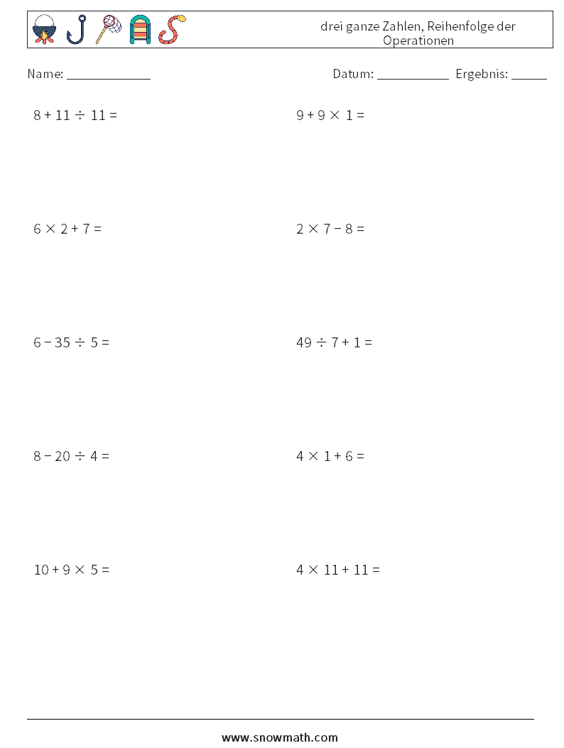 (10) drei ganze Zahlen, Reihenfolge der Operationen Mathe-Arbeitsblätter 7