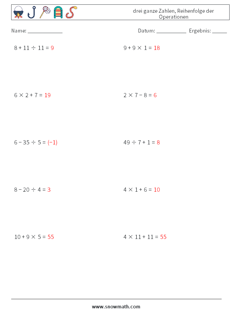 (10) drei ganze Zahlen, Reihenfolge der Operationen Mathe-Arbeitsblätter 7 Frage, Antwort