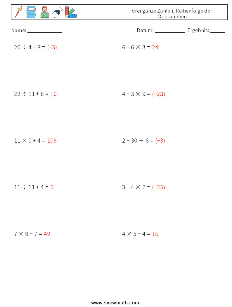 (10) drei ganze Zahlen, Reihenfolge der Operationen Mathe-Arbeitsblätter 8 Frage, Antwort
