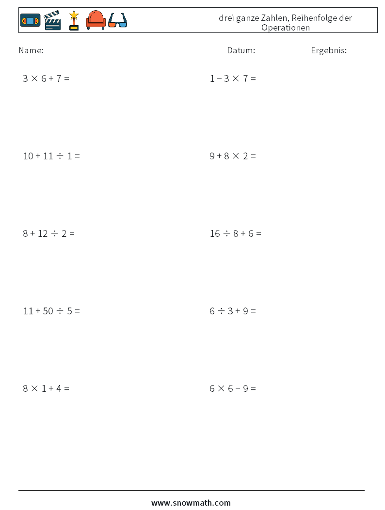 (10) drei ganze Zahlen, Reihenfolge der Operationen Mathe-Arbeitsblätter 9