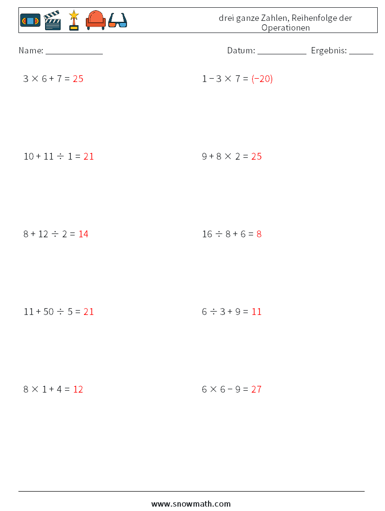 (10) drei ganze Zahlen, Reihenfolge der Operationen Mathe-Arbeitsblätter 9 Frage, Antwort