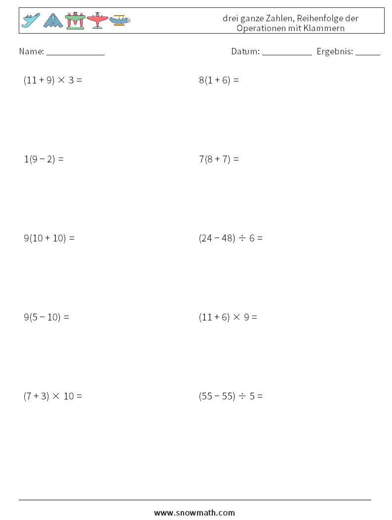 (10) drei ganze Zahlen, Reihenfolge der Operationen mit Klammern Mathe-Arbeitsblätter 10