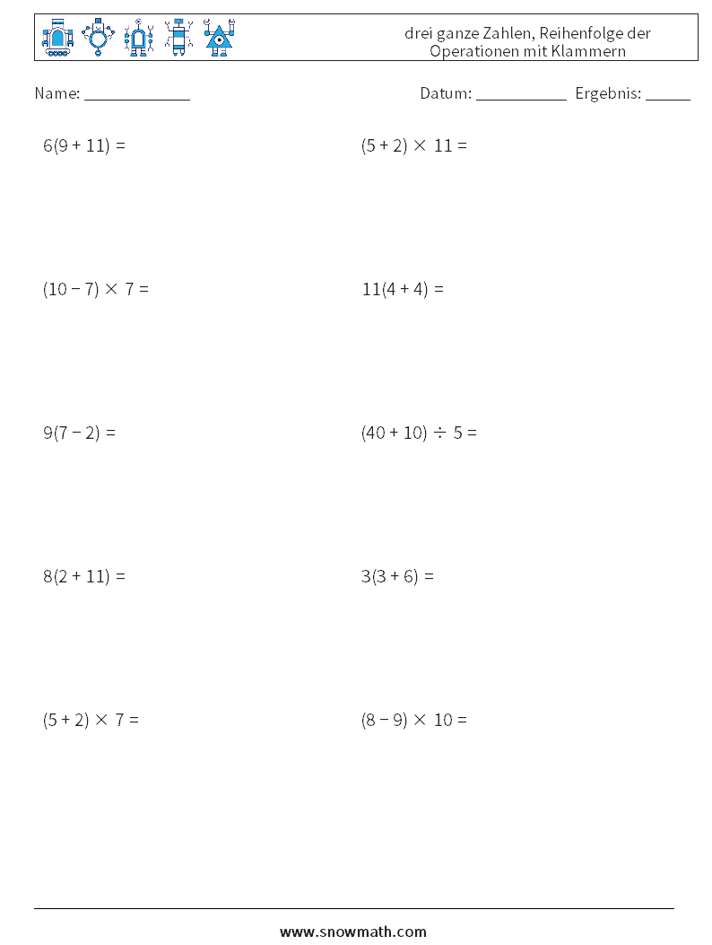 (10) drei ganze Zahlen, Reihenfolge der Operationen mit Klammern Mathe-Arbeitsblätter 12