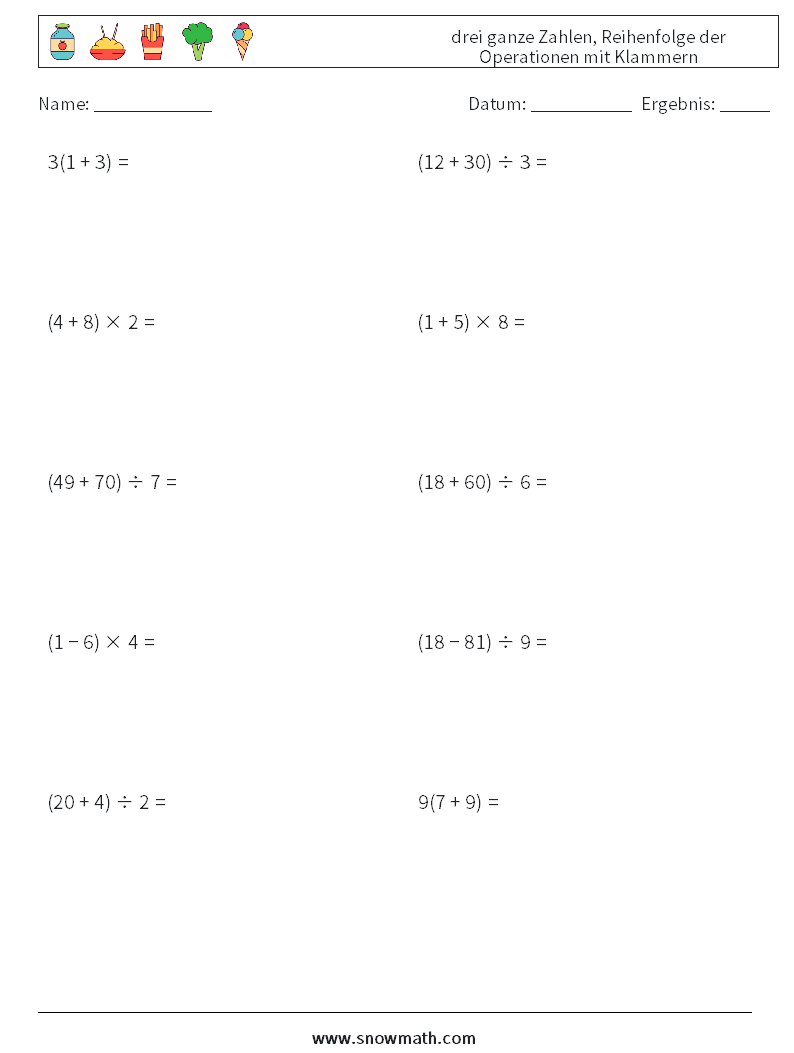 (10) drei ganze Zahlen, Reihenfolge der Operationen mit Klammern Mathe-Arbeitsblätter 13
