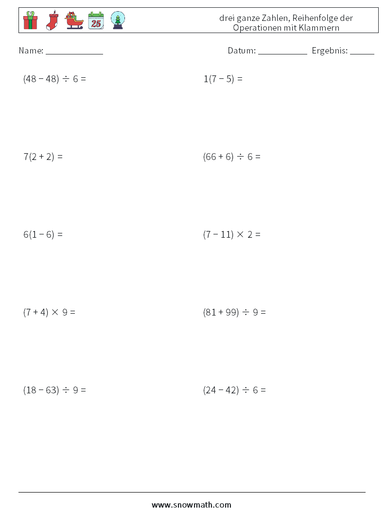 (10) drei ganze Zahlen, Reihenfolge der Operationen mit Klammern Mathe-Arbeitsblätter 14
