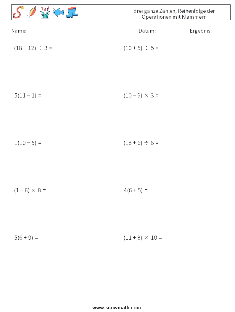 (10) drei ganze Zahlen, Reihenfolge der Operationen mit Klammern Mathe-Arbeitsblätter 15