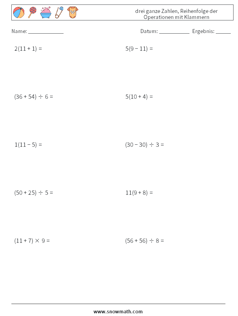 (10) drei ganze Zahlen, Reihenfolge der Operationen mit Klammern Mathe-Arbeitsblätter 16
