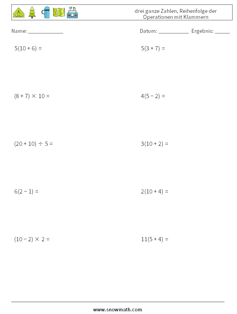 (10) drei ganze Zahlen, Reihenfolge der Operationen mit Klammern Mathe-Arbeitsblätter 18