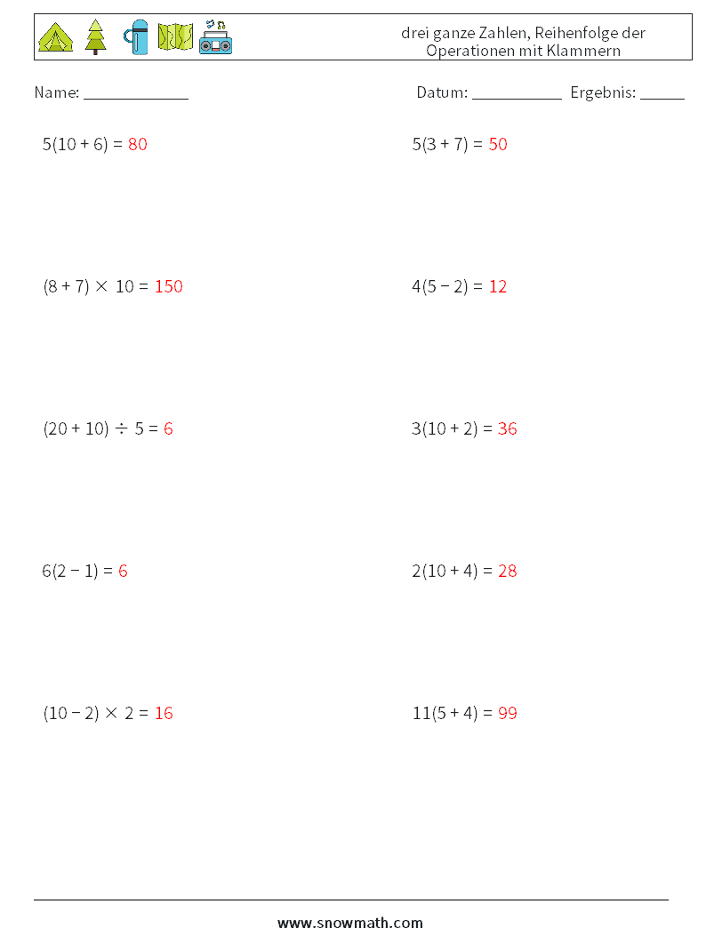 (10) drei ganze Zahlen, Reihenfolge der Operationen mit Klammern Mathe-Arbeitsblätter 18 Frage, Antwort