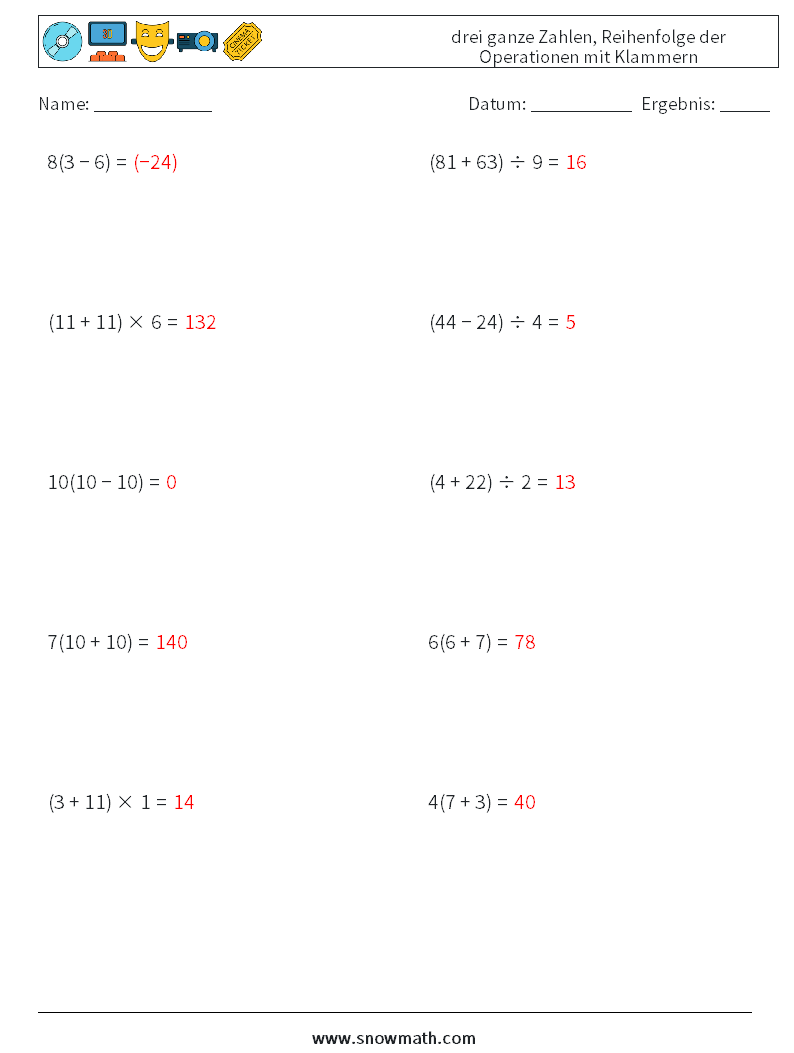 (10) drei ganze Zahlen, Reihenfolge der Operationen mit Klammern Mathe-Arbeitsblätter 1 Frage, Antwort