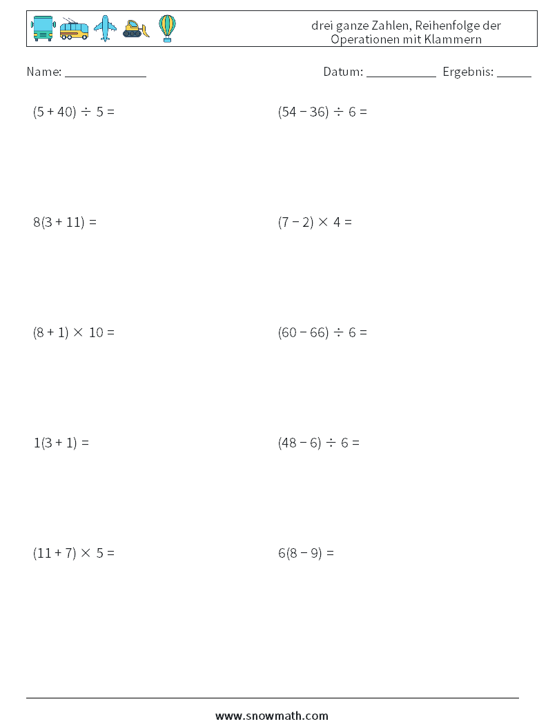 (10) drei ganze Zahlen, Reihenfolge der Operationen mit Klammern Mathe-Arbeitsblätter 2