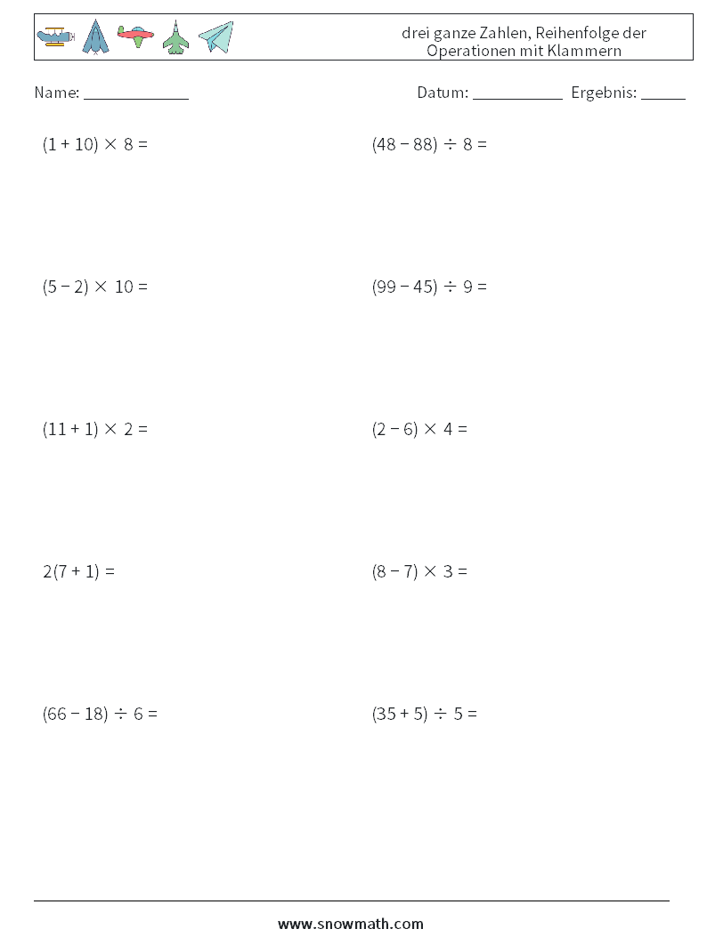 (10) drei ganze Zahlen, Reihenfolge der Operationen mit Klammern Mathe-Arbeitsblätter 3