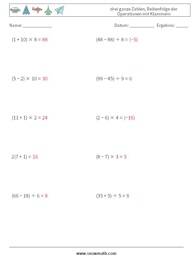 (10) drei ganze Zahlen, Reihenfolge der Operationen mit Klammern Mathe-Arbeitsblätter 3 Frage, Antwort