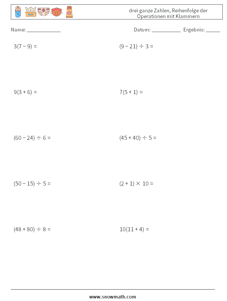 (10) drei ganze Zahlen, Reihenfolge der Operationen mit Klammern Mathe-Arbeitsblätter 7