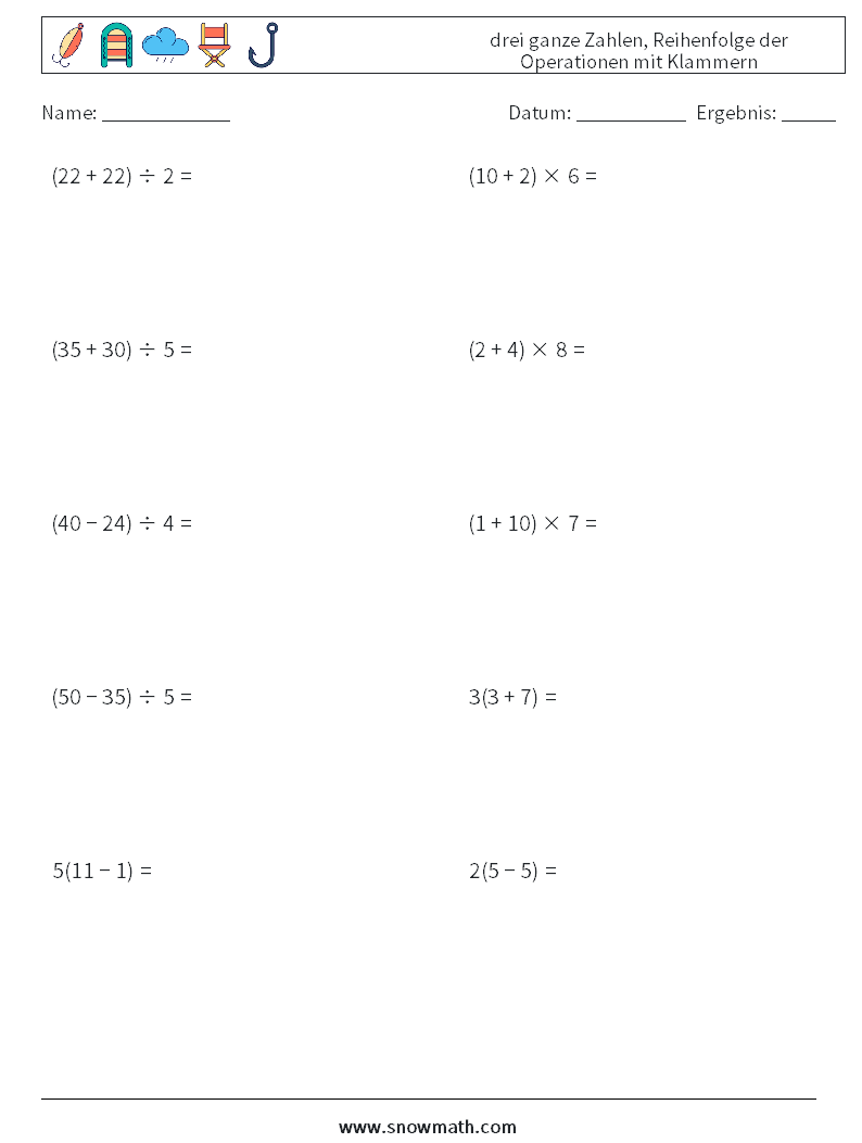 (10) drei ganze Zahlen, Reihenfolge der Operationen mit Klammern Mathe-Arbeitsblätter 8